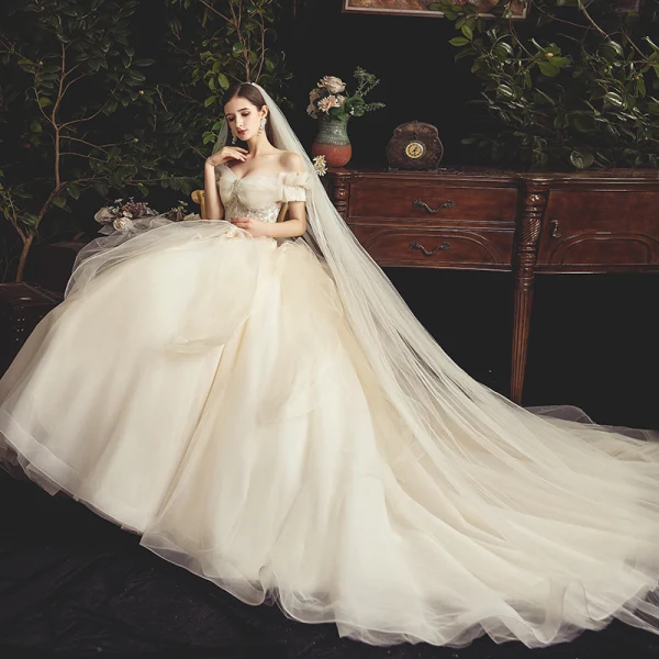 Classy Champagne Wedding Dresses 2019 Ball Gown Off-The-Shoulder Short Sleeve Backless Beading Court Train Ruffle
