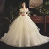 Classy Champagne Wedding Dresses 2019 Ball Gown Off-The-Shoulder Short Sleeve Backless Beading Court Train Ruffle