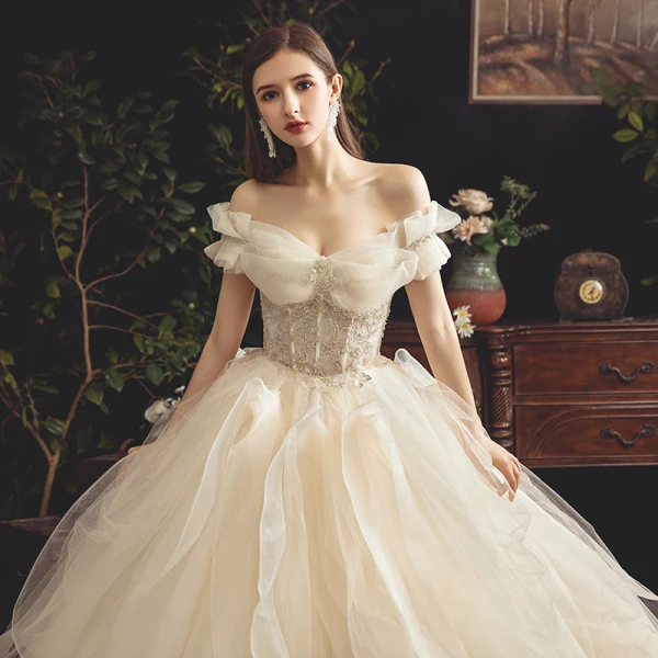 Classy Champagne Wedding Dresses 2019 Ball Gown Off-The-Shoulder Short Sleeve Backless Beading Court Train Ruffle