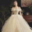 Classy Champagne Wedding Dresses 2019 Ball Gown Off-The-Shoulder Short Sleeve Backless Beading Court Train Ruffle