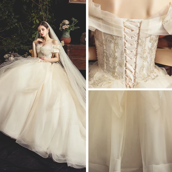 Classy Champagne Wedding Dresses 2019 Ball Gown Off-The-Shoulder Short Sleeve Backless Beading Court Train Ruffle