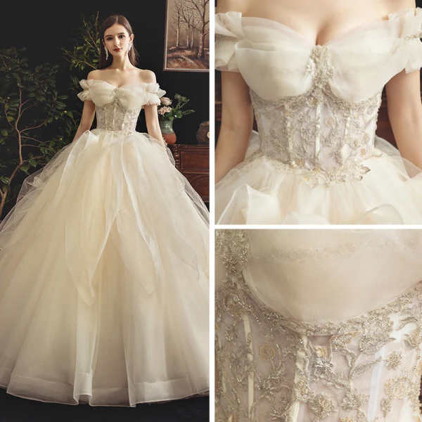 Classy Champagne Wedding Dresses 2019 Ball Gown Off-The-Shoulder Short Sleeve Backless Beading Court Train Ruffle