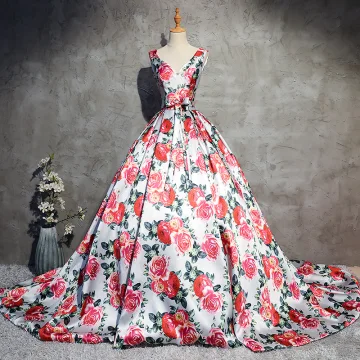 Stunning White Flower Prom Dresses 2017 Ball Gown V Neck Sleeveless Printing Satin Bow Sash Chapel Train Backless Formal Dresses