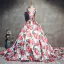 Stunning White Flower Prom Dresses 2017 Ball Gown V-Neck Sleeveless Printing Satin Bow Sash Chapel Train Backless Formal Dresses