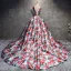 Stunning White Flower Prom Dresses 2017 Ball Gown V-Neck Sleeveless Printing Satin Bow Sash Chapel Train Backless Formal Dresses