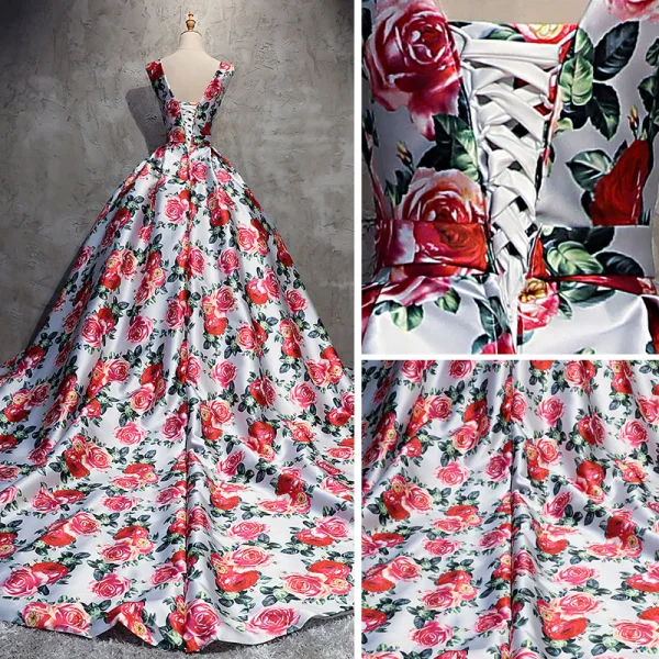 Stunning White Flower Prom Dresses 2017 Ball Gown V-Neck Sleeveless Printing Satin Bow Sash Chapel Train Backless Formal Dresses
