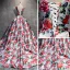 Stunning White Flower Prom Dresses 2017 Ball Gown V-Neck Sleeveless Printing Satin Bow Sash Chapel Train Backless Formal Dresses