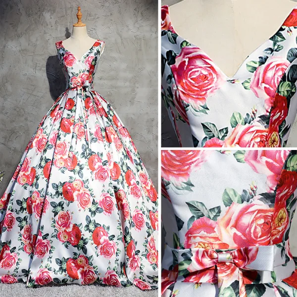 Stunning White Flower Prom Dresses 2017 Ball Gown V-Neck Sleeveless Printing Satin Bow Sash Chapel Train Backless Formal Dresses