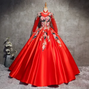 Style Chinois Rouge Robe De Bal 2017 Robe Boule Col Haut Manches Longues Appliques En Dentelle Perlage Perle Longue Dos Nu Robe De Ceremonie