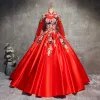Chinese style Red Prom Dresses 2017 Ball Gown High Neck Long Sleeve Appliques Lace Beading Pearl Floor-Length / Long Backless Formal Dresses