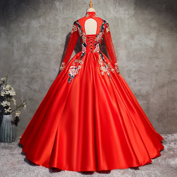 Chinese style Red Prom Dresses 2017 Ball Gown High Neck Long Sleeve Appliques Lace Beading Pearl Floor-Length / Long Backless Formal Dresses