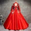 Chinese style Red Prom Dresses 2017 Ball Gown High Neck Long Sleeve Appliques Lace Beading Pearl Floor-Length / Long Backless Formal Dresses