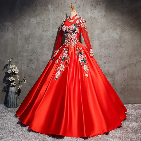 Chinese style Red Prom Dresses 2017 Ball Gown High Neck Long Sleeve Appliques Lace Beading Pearl Floor-Length / Long Backless Formal Dresses