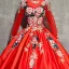 Chinese style Red Prom Dresses 2017 Ball Gown High Neck Long Sleeve Appliques Lace Beading Pearl Floor-Length / Long Backless Formal Dresses