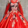 Chinese style Red Prom Dresses 2017 Ball Gown High Neck Long Sleeve Appliques Lace Beading Pearl Floor-Length / Long Backless Formal Dresses