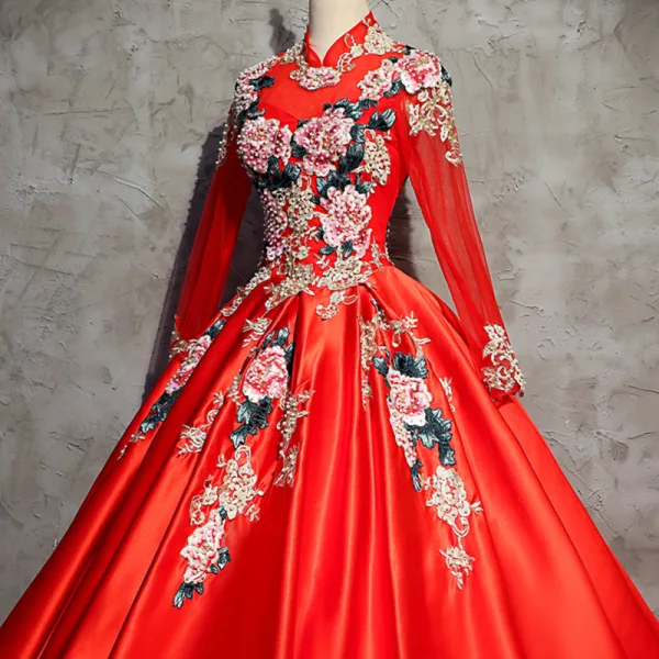 Chinese style Red Prom Dresses 2017 Ball Gown High Neck Long Sleeve Appliques Lace Beading Pearl Floor-Length / Long Backless Formal Dresses