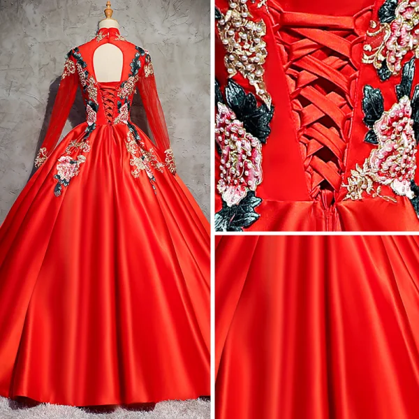 Chinese style Red Prom Dresses 2017 Ball Gown High Neck Long Sleeve Appliques Lace Beading Pearl Floor-Length / Long Backless Formal Dresses