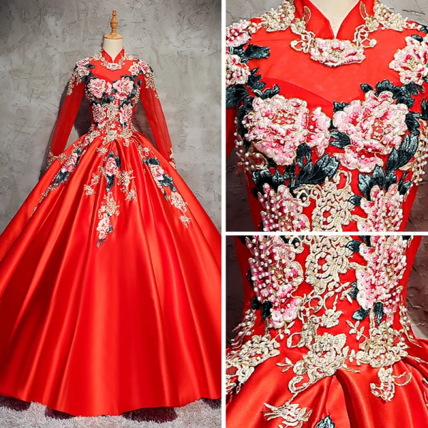 Chinese style Red Prom Dresses 2017 Ball Gown High Neck Long Sleeve Appliques Lace Beading Pearl Floor-Length / Long Backless Formal Dresses