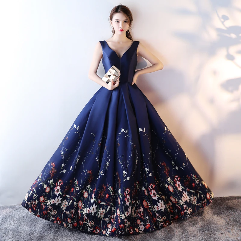 Chic Beautiful Navy Blue Flower Prom Dresses 2017 A Line Princess V Neck  Sleeveless Printing Satin Floor Length Long Ruffle Backless Formal Dresses