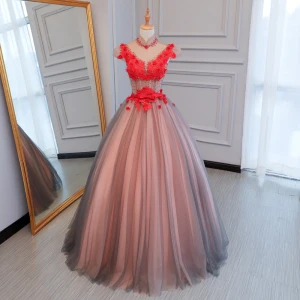 Chic Belle Rouge Robe De Bal 2017 Robe Boule Col Haut Mancherons Appliques En Dentelle Perlage Cristal Noeud Ceinture Longue Dos Nu Percé Robe De Ceremonie