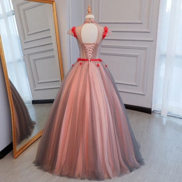 Chic / Belle Rouge Robe De Bal 2017 Robe Boule Col Haut Mancherons Appliques En Dentelle Perlage Cristal Noeud Ceinture Longue Dos Nu Percé Robe De Ceremonie
