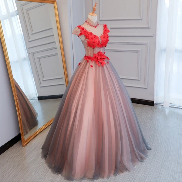 Chic / Belle Rouge Robe De Bal 2017 Robe Boule Col Haut Mancherons Appliques En Dentelle Perlage Cristal Noeud Ceinture Longue Dos Nu Percé Robe De Ceremonie