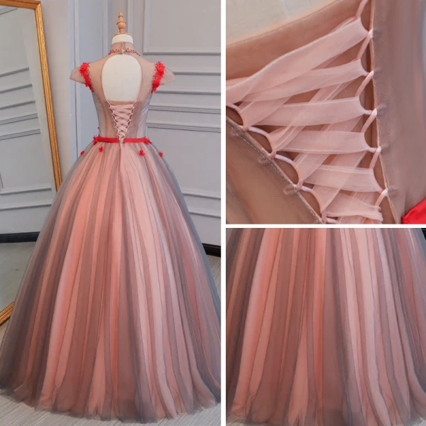 Chic / Belle Rouge Robe De Bal 2017 Robe Boule Col Haut Mancherons Appliques En Dentelle Perlage Cristal Noeud Ceinture Longue Dos Nu Percé Robe De Ceremonie