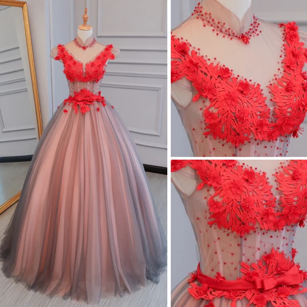 Chic / Belle Rouge Robe De Bal 2017 Robe Boule Col Haut Mancherons Appliques En Dentelle Perlage Cristal Noeud Ceinture Longue Dos Nu Percé Robe De Ceremonie