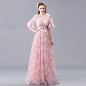 Elegante Blozen Roze Kanten Avondjurken 2017 A Lijn Ronde Hals 1 2 Mouwen Appliques Bloem Parel Lange Ruglooze Doorboord Gelegenheid Jurken