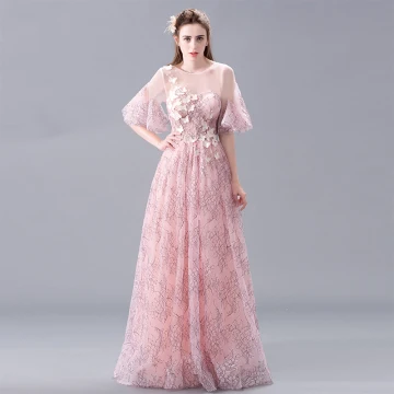 Élégant Rougissant Rose Dentelle Robe De Soirée 2017 Princesse Encolure Dégagée 1 2 Manches Appliques Fleur Perle Longue Dos Nu Percé Robe De Ceremonie