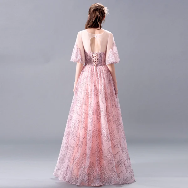 Elegante Rosa Spitze Abendkleider 2017 A Linie Rundhalsausschnitt 1/2 Ärmel Applikationen Blumen Perle Lange Rückenfreies Durchbohrt Festliche Kleider