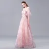 Elegant Blushing Pink Lace Evening Dresses  2017 A-Line / Princess Scoop Neck 1/2 Sleeves Appliques Flower Pearl Floor-Length / Long Backless Pierced Formal Dresses