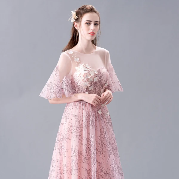 Elegante Rosa Spitze Abendkleider 2017 A Linie Rundhalsausschnitt 1/2 Ärmel Applikationen Blumen Perle Lange Rückenfreies Durchbohrt Festliche Kleider