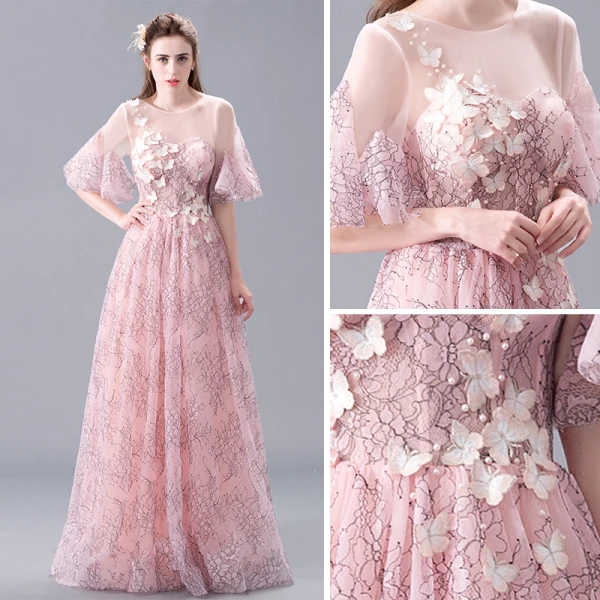 Elegante Rosa Spitze Abendkleider 2017 A Linie Rundhalsausschnitt 1/2 Ärmel Applikationen Blumen Perle Lange Rückenfreies Durchbohrt Festliche Kleider