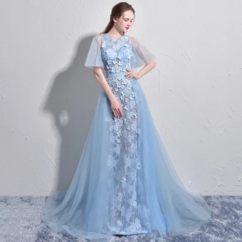 Stunning Sky Blue Evening Dresses 2017 A Line Princess Scoop Neck 1 2 Sleeves Appliques Flower Pearl Court Train Backless Formal Dresses