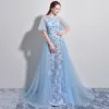 Étourdissant Bleu Ciel Robe De Soirée 2017 Princesse Encolure Dégagée 1/2 Manches Appliques Fleur Perle Tribunal Train Dos Nu Robe De Ceremonie