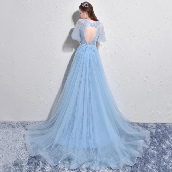 Stunning Sky Blue Evening Dresses 2017 A-Line / Princess Scoop Neck 1/2 Sleeves Appliques Flower Pearl Court Train Backless Formal Dresses