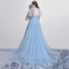 Stunning Sky Blue Evening Dresses  2017 A-Line / Princess Scoop Neck 1/2 Sleeves Appliques Flower Pearl Court Train Backless Formal Dresses