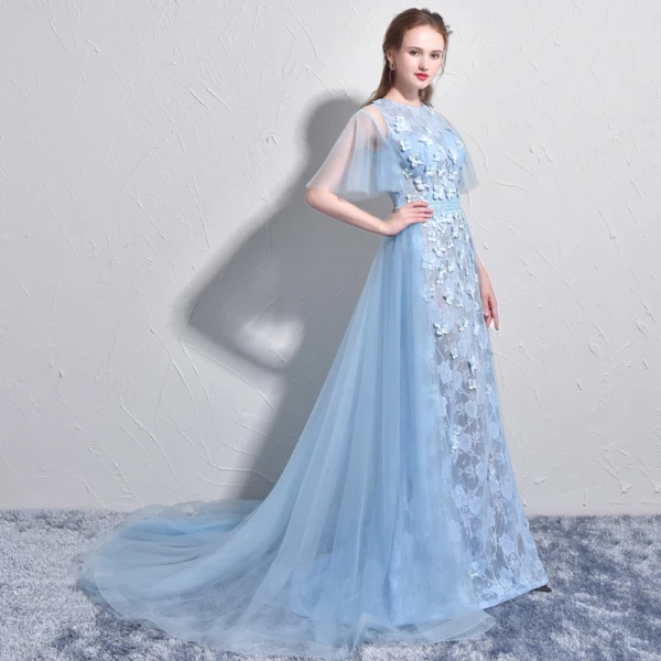 Stunning Sky Blue Evening Dresses 2017 A-Line / Princess Scoop Neck 1/2 Sleeves Appliques Flower Pearl Court Train Backless Formal Dresses