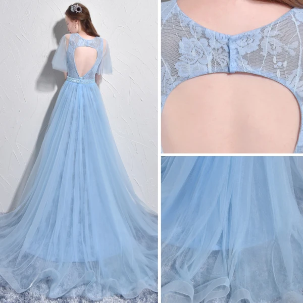 Stunning Sky Blue Evening Dresses 2017 A-Line / Princess Scoop Neck 1/2 Sleeves Appliques Flower Pearl Court Train Backless Formal Dresses
