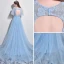 Stunning Sky Blue Evening Dresses  2017 A-Line / Princess Scoop Neck 1/2 Sleeves Appliques Flower Pearl Court Train Backless Formal Dresses