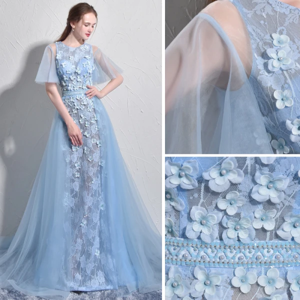 Stunning Sky Blue Evening Dresses 2017 A-Line / Princess Scoop Neck 1/2 Sleeves Appliques Flower Pearl Court Train Backless Formal Dresses