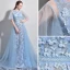 Stunning Sky Blue Evening Dresses  2017 A-Line / Princess Scoop Neck 1/2 Sleeves Appliques Flower Pearl Court Train Backless Formal Dresses