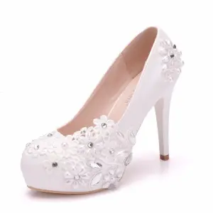 Elegant White Rhinestone Lace Flower Wedding Shoes 2025 14 Cm Stiletto Heels Round Toe Wedding Pumps High Heels