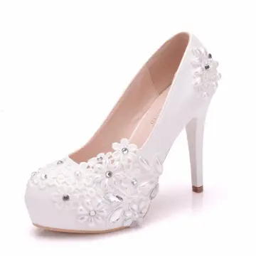 Elegant White Rhinestone Lace Flower Wedding Shoes 2025 14 Cm Stiletto Heels Round Toe Wedding Pumps High Heels