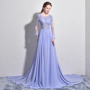 Élégant Lavande Robe De Soirée 2017 Princesse Encolure Dégagée Manches Longues Appliques Fleur Perle Chapel Train Dos Nu Percé Robe De Ceremonie