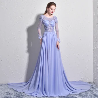 Élégant Lavande Robe De Soirée 2017 Princesse Encolure Dégagée Manches Longues Appliques Fleur Perle Chapel Train Dos Nu Percé Robe De Ceremonie