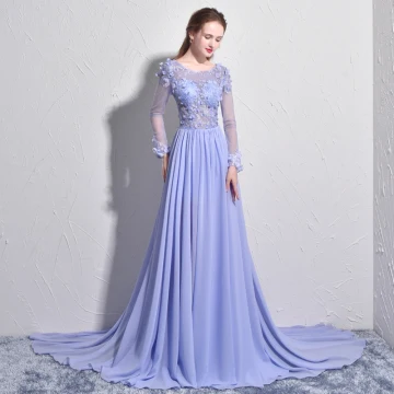 Élégant Lavande Robe De Soirée 2017 Princesse Encolure Dégagée Manches Longues Appliques Fleur Perle Chapel Train Dos Nu Percé Robe De Ceremonie