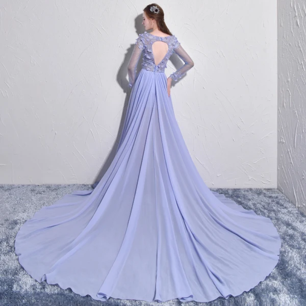 Élégant Lavande Robe De Soirée 2017 Princesse Encolure Dégagée Manches Longues Appliques Fleur Perle Chapel Train Dos Nu Percé Robe De Ceremonie