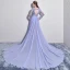 Élégant Lavande Robe De Soirée 2017 Princesse Encolure Dégagée Manches Longues Appliques Fleur Perle Chapel Train Dos Nu Percé Robe De Ceremonie